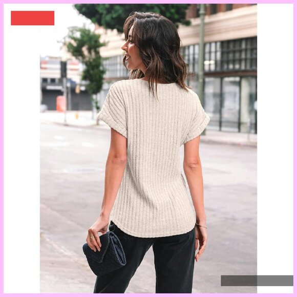 Textured Short Sleeve Tunic Top Loose Fit Business Casual Blouse - Picture 4 of 4